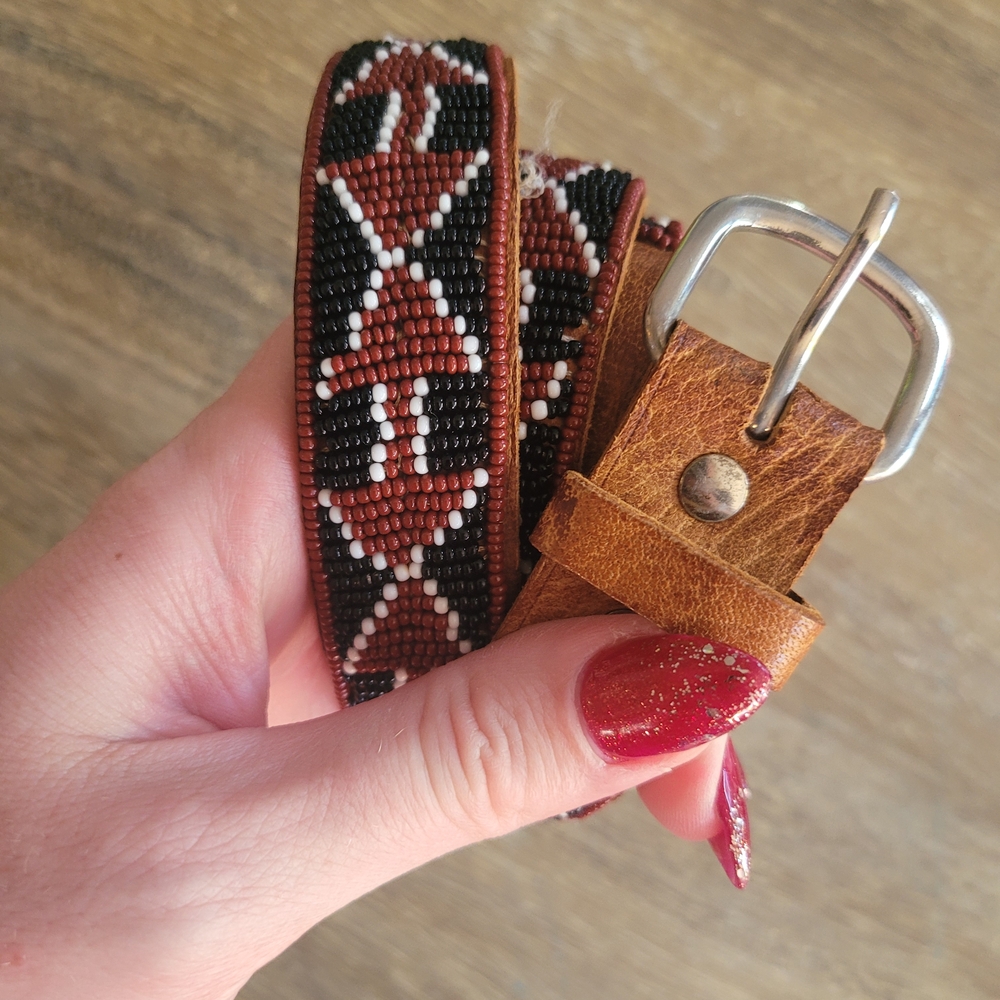 Artisan Beaded Leather Belt - Brown and Black